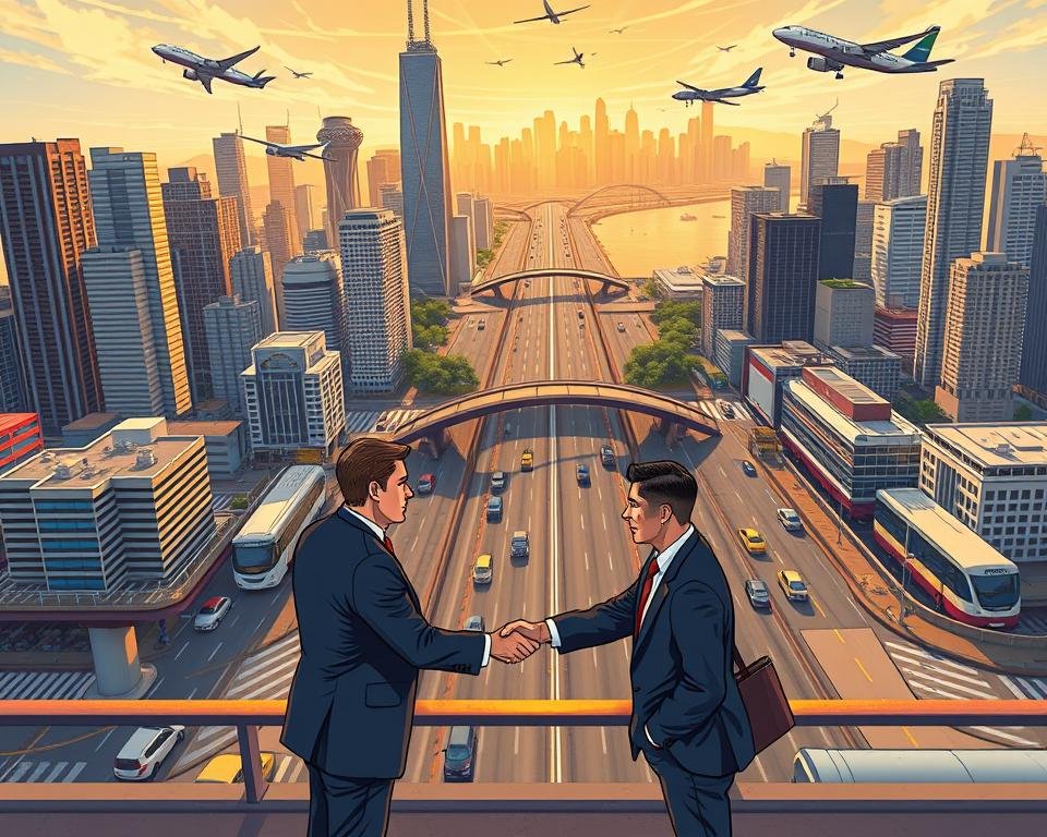 A bustling city skyline with towering skyscrapers, a busy highway cutting through the center, and various modes of transportation - planes, trains, and automobiles - all converging at the border crossing. In the foreground, a group of business professionals in suits shake hands, exchanging documents and negotiating a cross-border marketing deal for the backlinkseo.site brand. The scene is bathed in warm, golden light, conveying a sense of international collaboration and the flow of global commerce. The camera angle is slightly elevated, providing a bird's-eye view of the dynamic, interconnected world of cross-border marketing.