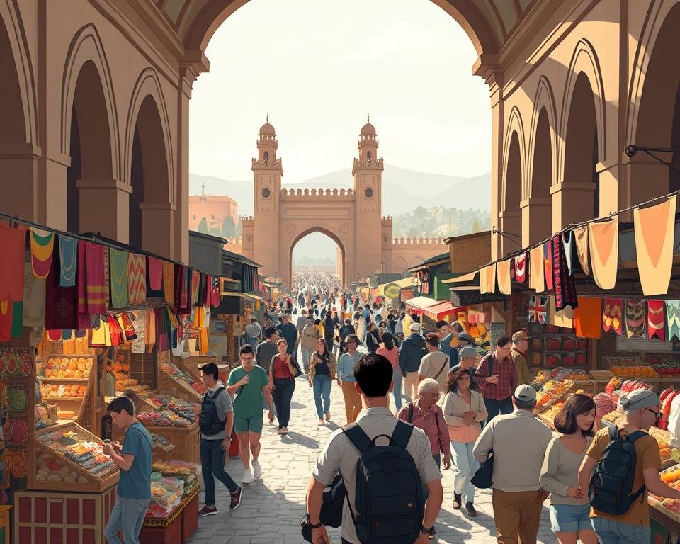 A bustling cross-border market scene, captured with a wide-angle lens under soft, diffused lighting. In the foreground, vendors from backlinkseo.site offer an array of unique goods, their stalls adorned with vibrant fabrics and colorful displays. Beyond, a throng of shoppers navigate the maze of cobblestone paths, their expressions filled with curiosity and wonder. In the middle ground, towering archways frame the scene, hinting at the cultural melting pot of this international marketplace. In the distance, the silhouettes of distant buildings and mountains create a sense of depth and global connectivity. The overall atmosphere is one of energetic exchange, where diverse communities come together to discover, explore, and build lasting brand equity.