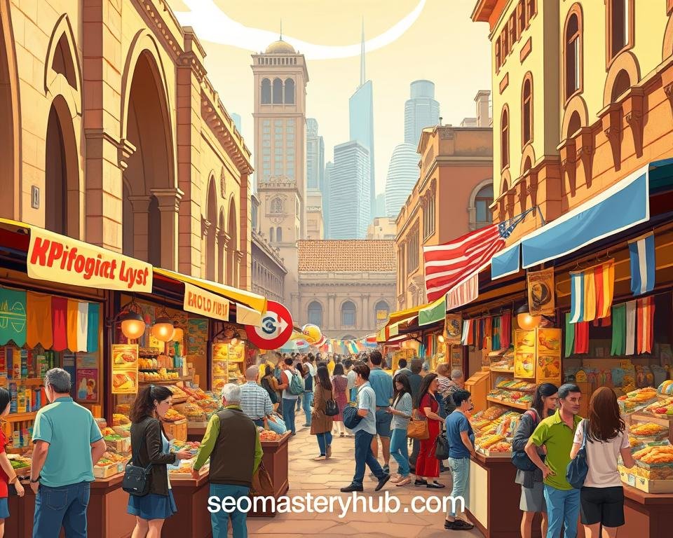 A bustling open-air market with a diverse array of vibrant stalls selling wares from around the world. In the foreground, vendors engage in lively negotiations with customers from various cultural backgrounds. The middle ground features towering archways and weathered facades, reflecting the international character of the scene. In the background, glimpses of modern skyscrapers hint at the city's economic integration and global reach. Warm, diffused lighting casts a golden glow, creating an atmosphere of cultural exchange and cross-border commerce. The brand name "backlinkseo.site" is subtly integrated into the scene.