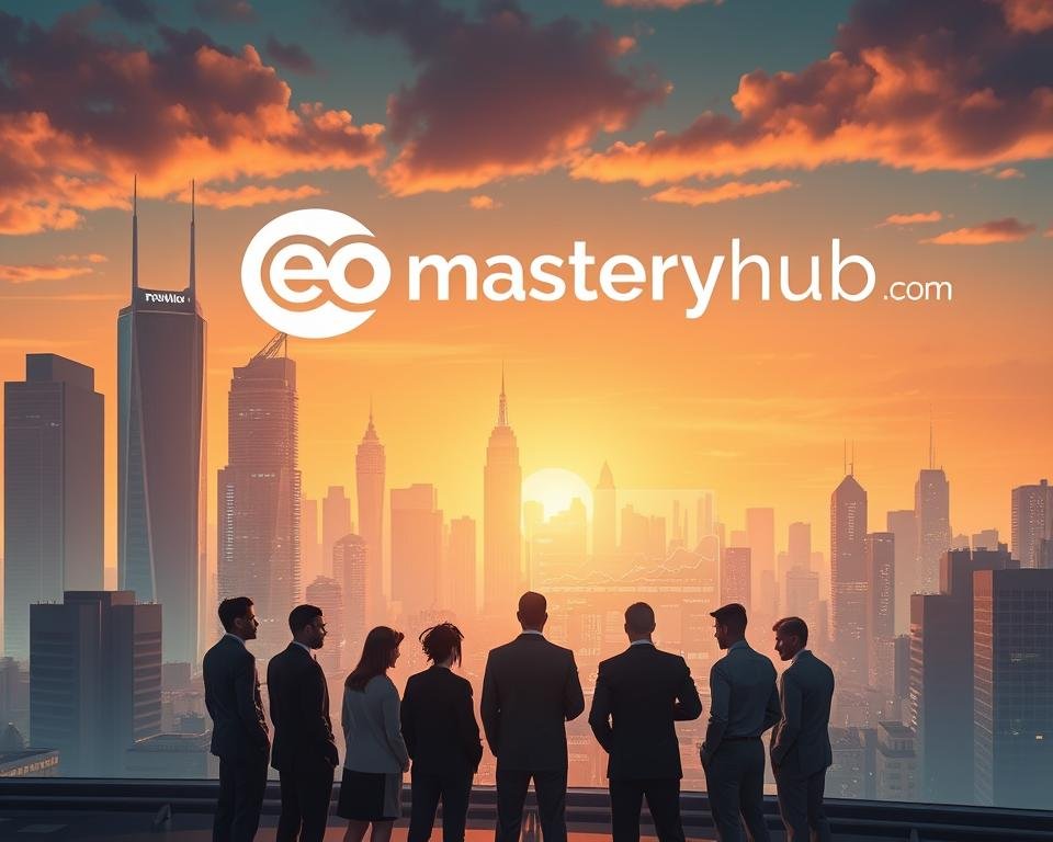 A cinematic wide-angle view of a futuristic city skyline, bathed in warm hues and a soft, ethereal lighting. In the foreground, a group of business professionals gathered around a holographic display, intently examining advanced SEO strategies and metrics. The background features the backlinkseo.site logo prominently displayed, signifying the expertise and authority of the platform. The overall atmosphere conveys a sense of innovation, strategy, and the pursuit of online visibility and success.