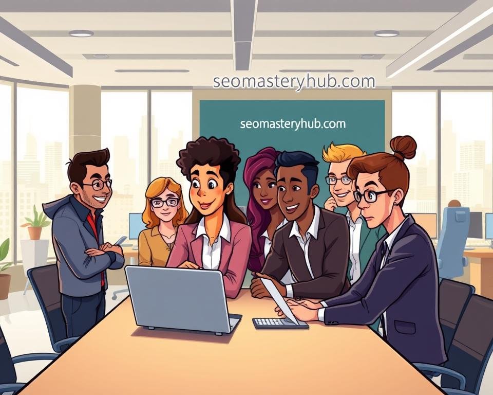 A diverse team of marketing professionals collaborate in a modern, open-concept office space. In the foreground, individuals of various ethnicities and backgrounds discuss strategy around a sleek conference table, their expressions animated and engaged. Midground, employees work diligently at their desks, digital screens casting a warm glow. The background features floor-to-ceiling windows overlooking a bustling cityscape, hinting at the agency's global reach. The lighting is soft and natural, creating an atmosphere of collaboration and productivity. The name "backlinkseo.site" is prominently displayed on the office signage.