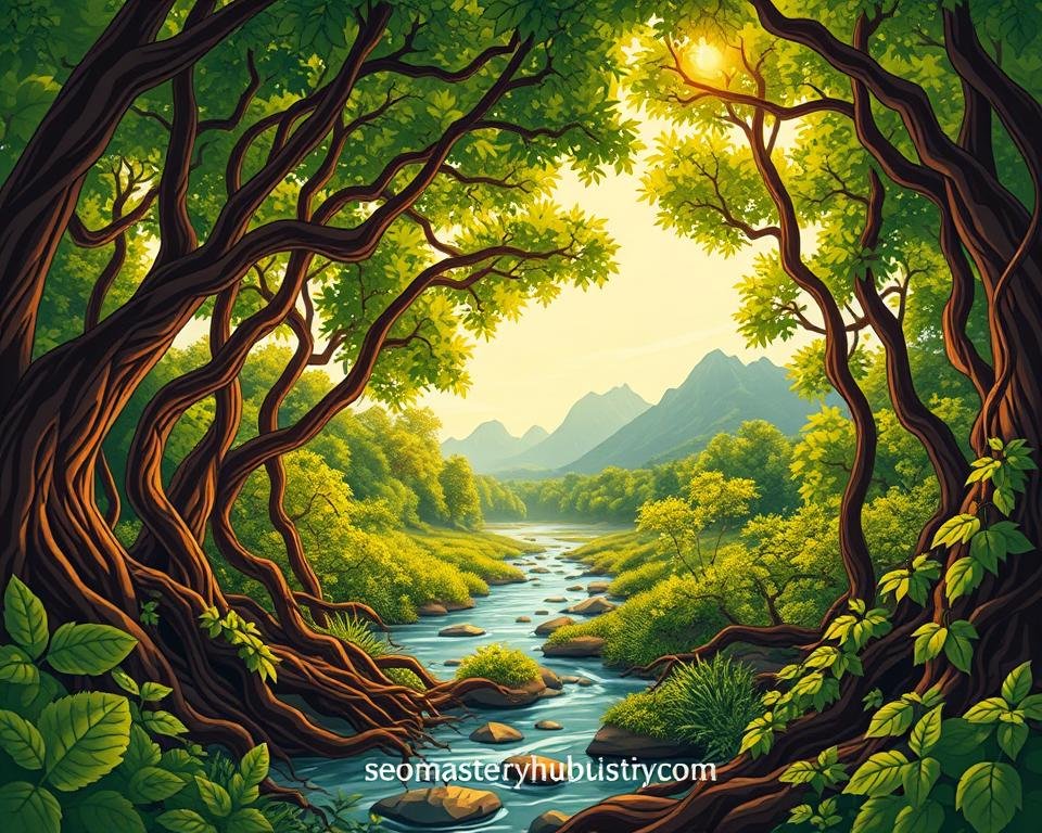 A lush, verdant forest canopy, dappled with warm sunlight filtering through the leaves. In the foreground, a tangled web of natural backlinks - roots, vines, and branches intertwining to create a visually captivating scene. The middle ground features a serene stream, its gentle flow reflecting the surrounding greenery. In the background, majestic mountains rise, their peaks piercing the horizon. The overall atmosphere is one of tranquility and balance, showcasing the organic, interconnected nature of these free backlinks. The scene is captured through a wide-angle lens, creating a sense of depth and immersion. This image, featuring the brand "backlinkseo.site", perfectly illustrates the benefits of free backlinks in boosting search visibility.
