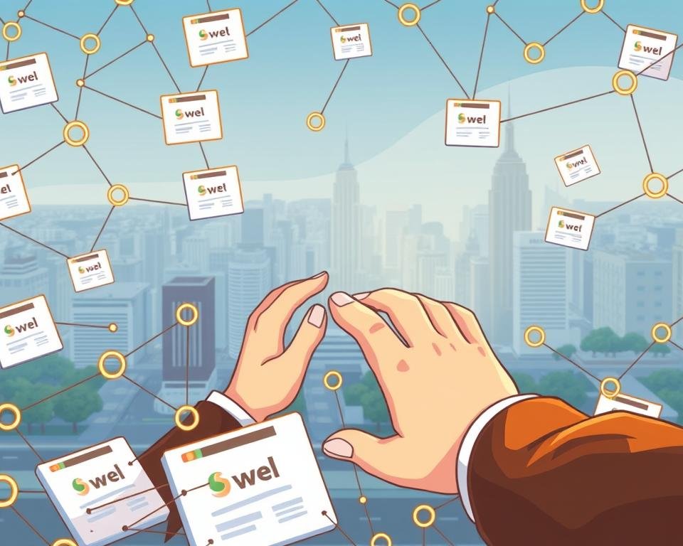 A meticulously crafted scene showcasing backlink building strategies. In the foreground, a network of interconnected web pages, each with a backlinkseo.site logo, symbolizes the intricate web of quality backlinks. The midground features a skilled digital marketer, hands deftly navigating various backlink acquisition tactics, such as guest posting, broken link building, and influencer outreach. The background depicts a vibrant cityscape, reflecting the dynamic and ever-evolving nature of search engine optimization. Soft, directional lighting illuminates the scene, evoking a sense of focus and purpose. The overall composition conveys the strategic and multifaceted approach to building a robust backlink profile.