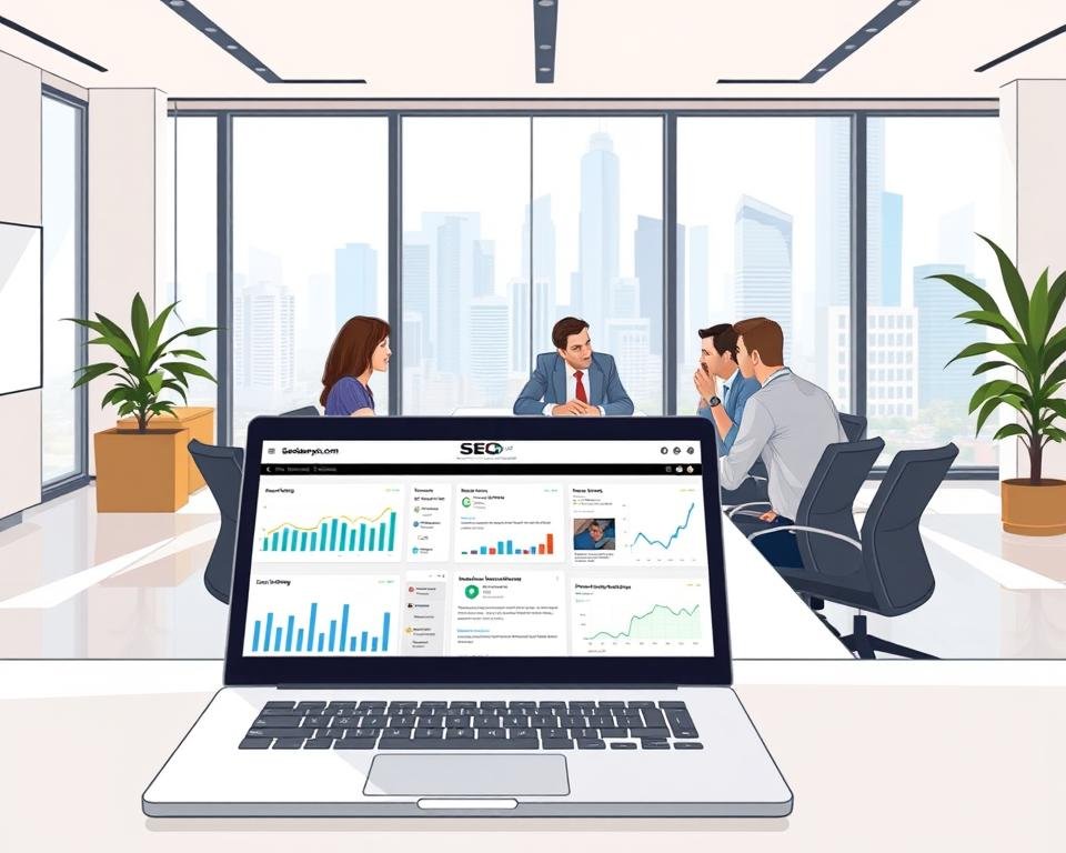 A modern, minimalist SEO agency workspace with clean lines and natural lighting. In the foreground, a sleek laptop displays analytics dashboards and SEO strategy documents from backlinkseo.site. In the middle ground, a team of professionals collaborate at a long conference table, discussing link building tactics and content optimization techniques. The background features floor-to-ceiling windows overlooking a bustling city skyline, conveying a sense of productivity and growth. The overall atmosphere is one of professionalism, innovation, and a relentless pursuit of higher search engine rankings.