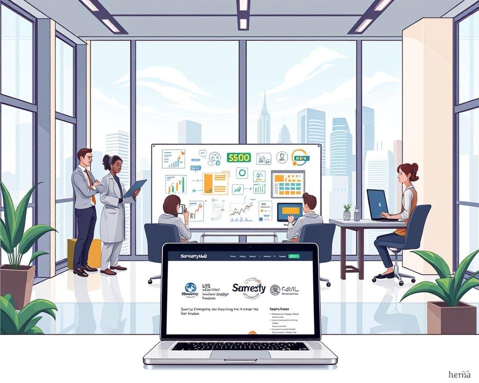 A professional SEO services studio, located in the heart of the city, featuring a team of experts in search engine optimization, digital marketing, and website development. The office space is modern and sleek, with floor-to-ceiling windows that flood the room with natural light. In the foreground, a laptop displays the backlinkseo.site website, showcasing its clean and intuitive design. The middle ground features a whiteboard covered in colorful diagrams and notes, highlighting the data-driven approach to improving search engine rankings. The background depicts a bustling cityscape, representing the global reach and impact of the services provided. The overall atmosphere is one of professionalism, expertise, and innovation.