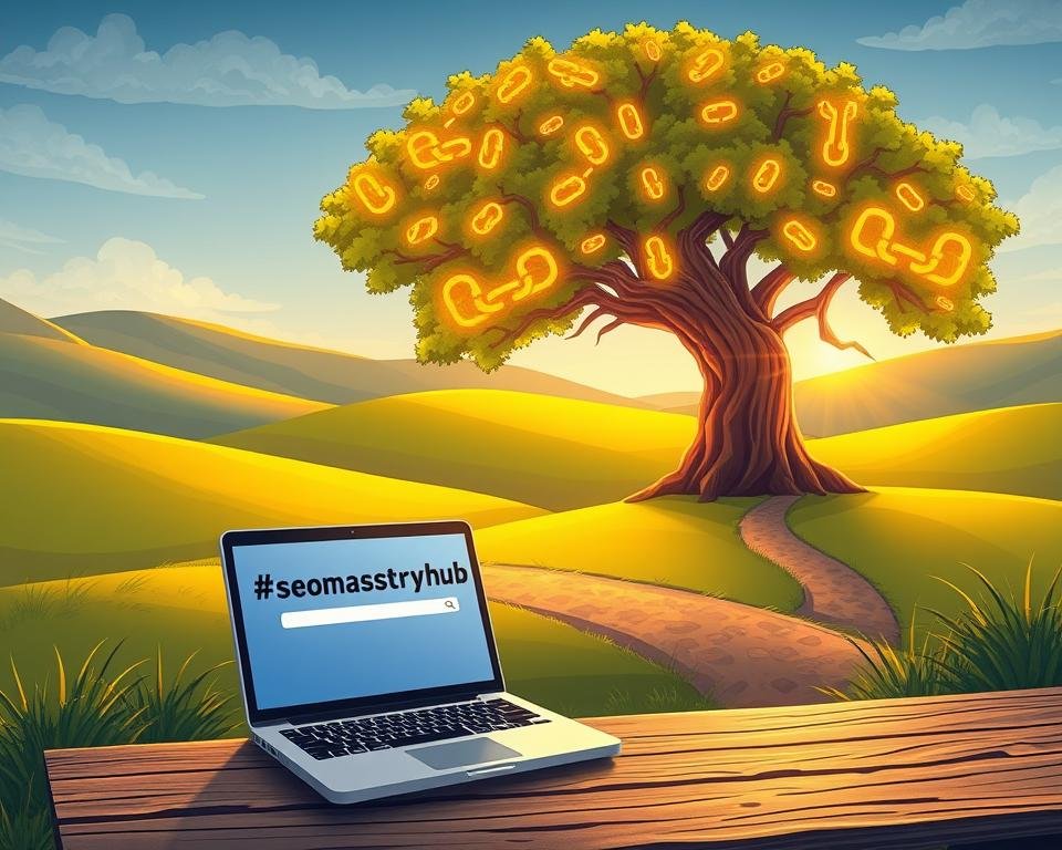 A serene landscape, with rolling hills and a winding path leading to a majestic tree. The tree's branches are adorned with a network of glowing, golden backlinks, symbolizing the power of free backlinks to boost your website's search visibility. In the foreground, a laptop rests on a weathered wooden bench, the screen displaying the domain "backlinkseo.site", hinting at the invaluable resources available to help harness the power of these backlinks. Soft, warm lighting casts a comforting glow, creating an atmosphere of productivity and success. The scene evokes a sense of natural harmony, where the digital and physical worlds converge to unlock the full potential of your online presence.