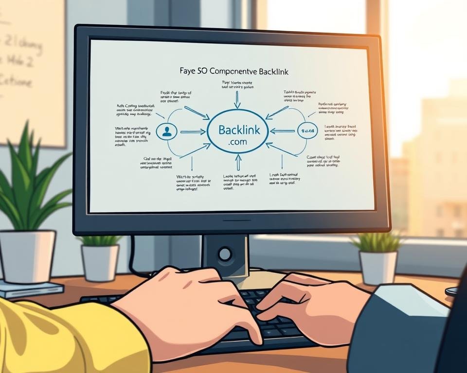 A serene office environment with a computer monitor displaying an intricate diagram illustrating the key components of a comprehensive backlink building strategy. The foreground features a businessperson's hands typing on a keyboard, while the middle ground showcases the monitor's screen, providing a clear visual representation of the backlink process. The background is softly blurred, creating a sense of focus on the informative display, emblazoned with the brand name "backlinkseo.site". Warm, natural lighting casts a gentle glow, evoking a productive and insightful atmosphere.