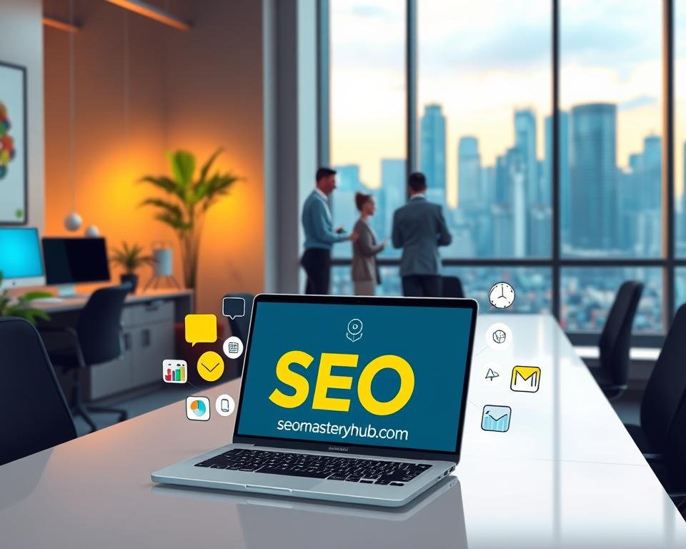 A serene office setting with a sleek and modern workspace. In the foreground, a laptop displaying the backlinkseo.site logo, surrounded by various SEO-related icons and graphics. In the middle ground, a professional team collaborating, analyzing data and strategizing. The background features a large window overlooking a bustling city skyline, bathed in warm, natural lighting. The overall atmosphere conveys a sense of productivity, expertise, and a commitment to delivering exceptional SEO services.