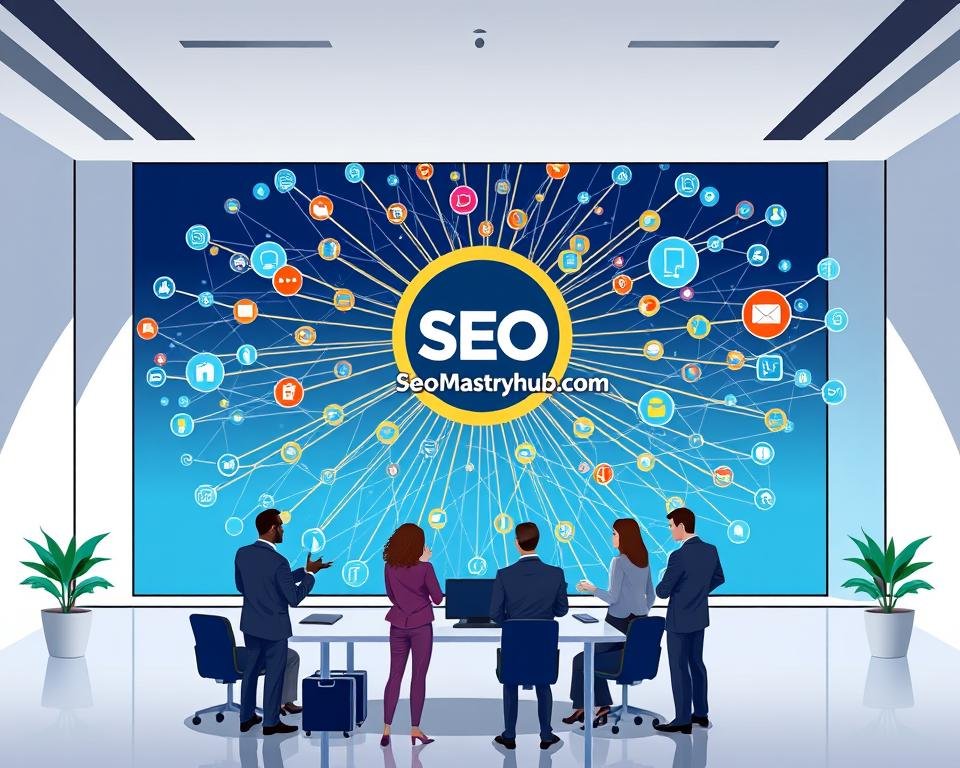 A sleek and modern digital marketing agency office, with a large backlink strategy visualization projected on the main display. The foreground features a team of professionals in business attire, brainstorming and analyzing the intricate web of connections. The middle ground showcases backlinkseo.site's logo prominently displayed, surrounded by a network of backlinks in vibrant colors. The background is a minimalist, well-lit space with clean lines and a sense of professionalism. The overall atmosphere conveys a data-driven, strategic approach to digital marketing, with the backlink strategy as the central focus.