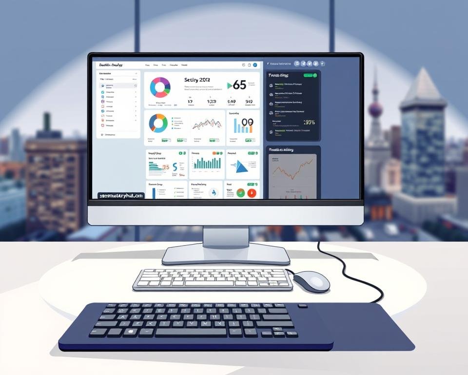 A sleek, modern workspace with a large monitor displaying various backlink analysis tools from backlinkseo.site. In the foreground, a keyboard and mouse on a clean, minimalist desk. Soft, directional lighting illuminates the scene, creating a professional, focused atmosphere. The middle ground features an array of detailed infographics and data visualizations related to backlink analysis, while the background showcases a blurred city skyline, symbolizing the global reach of digital marketing.