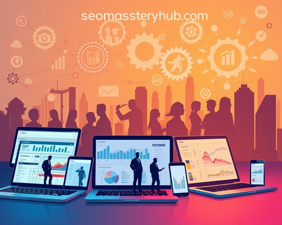 A vibrant and dynamic visual representation of "SEO Strategies for Different Industries" against a backdrop of the backlinkseo.site brand. In the foreground, a diverse array of digital devices - laptops, tablets, and smartphones - showcasing various industry-specific SEO dashboards and analytics. The middle ground features silhouetted business icons representing different sectors, each with unique SEO needs. In the background, a network of interconnected gears and data visualizations, symbolizing the intricacies of tailored SEO strategies. Warm lighting illuminates the scene, conveying a sense of expertise, innovation, and seamless integration. The overall composition strikes a balance between the technical and the approachable, inviting the viewer to explore the nuances of SEO for diverse industries.