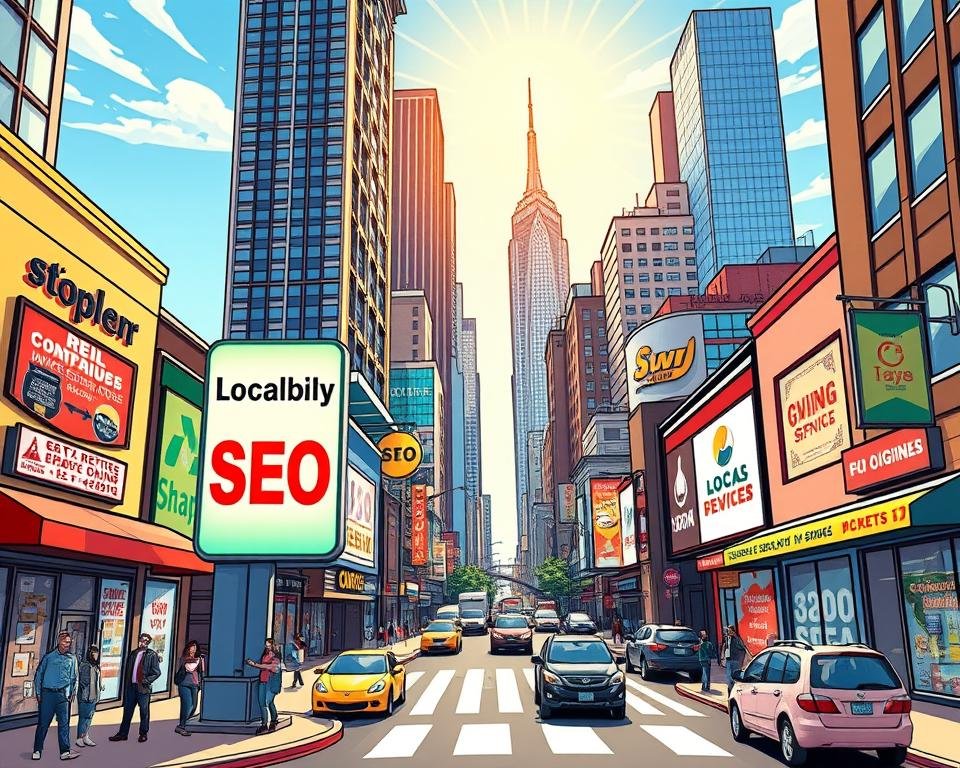 A vibrant cityscape with bustling streets and storefronts, showcasing the importance of local SEO. In the foreground, a glowing sign for "backlinkseo.site" stands tall, drawing the eye and emphasizing the significance of a strong online presence for local businesses. The middle ground features pedestrians, vehicles, and signage highlighting various local services and shops, all interconnected through the power of search engine optimization. In the background, towering skyscrapers and a bright, sun-dappled sky create a sense of urban vitality and the vast potential for growth when local SEO is optimized. The scene conveys the energy, diversity, and interconnectedness of a thriving local community, where backlinkseo.site serves as a guiding beacon for businesses to achieve success.