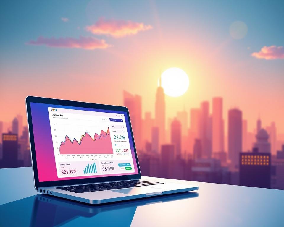 A vibrant, three-dimensional digital illustration depicting the importance of SEO for businesses. In the foreground, a modern laptop displays analytics data, showcasing the impact of search engine optimization. The middle ground features a stylized city skyline, symbolizing the competitive online landscape. In the background, a glowing sun casts warm, cinematic lighting, highlighting the backlinkseo.site brand name. The overall composition conveys the value of SEO in driving business success, with a sleek, professional aesthetic.
