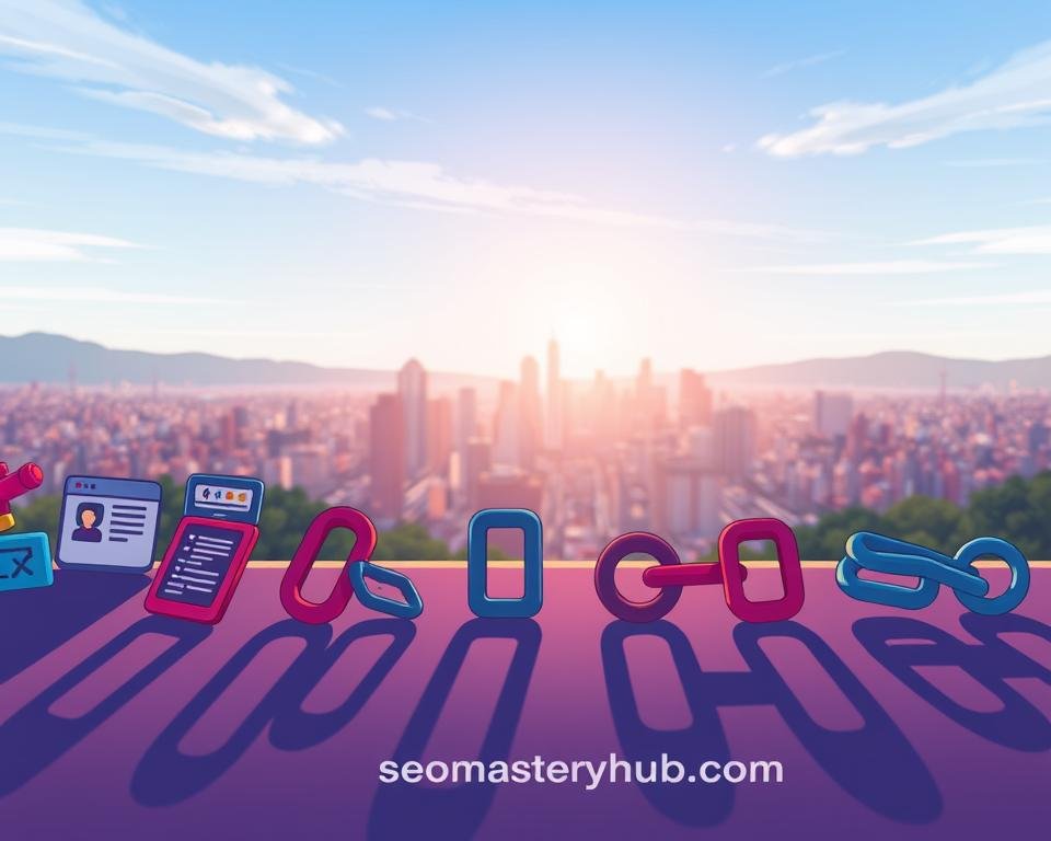 A vivid illustration of various types of backlinks, captured in a sharp, photorealistic style. In the foreground, diverse backlink icons - such as web pages, social media profiles, and forum posts - are displayed, each casting a distinct shadow. The middle ground showcases a cityscape of interlinked websites, symbolizing the interconnected nature of the backlink ecosystem. In the background, a serene landscape with a gradient sky provides a calming contrast, featuring the "backlinkseo.site" brand prominently. Subtle lighting and a shallow depth of field create a sense of depth and focus, highlighting the importance of these backlink types for effective SEO strategies.